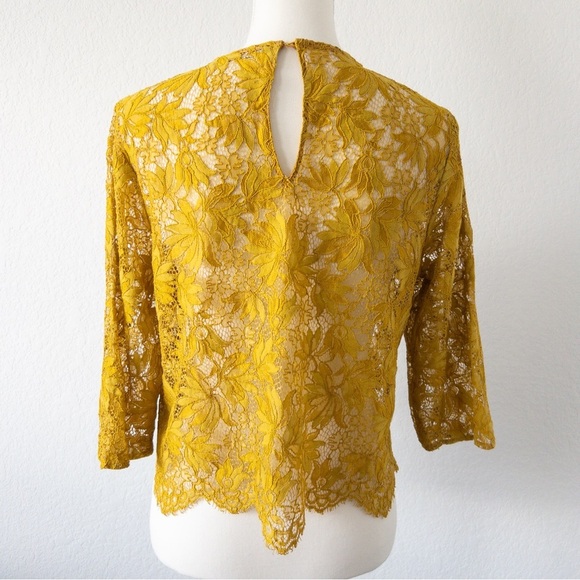 Zara Mustard Yellow Floral Lace Sheer Blouse Size Large - Picture 6 of 10